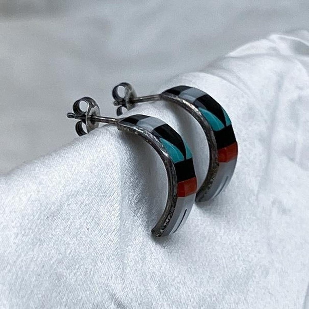 Vintage sterling native American inlay half hoop stud earrings